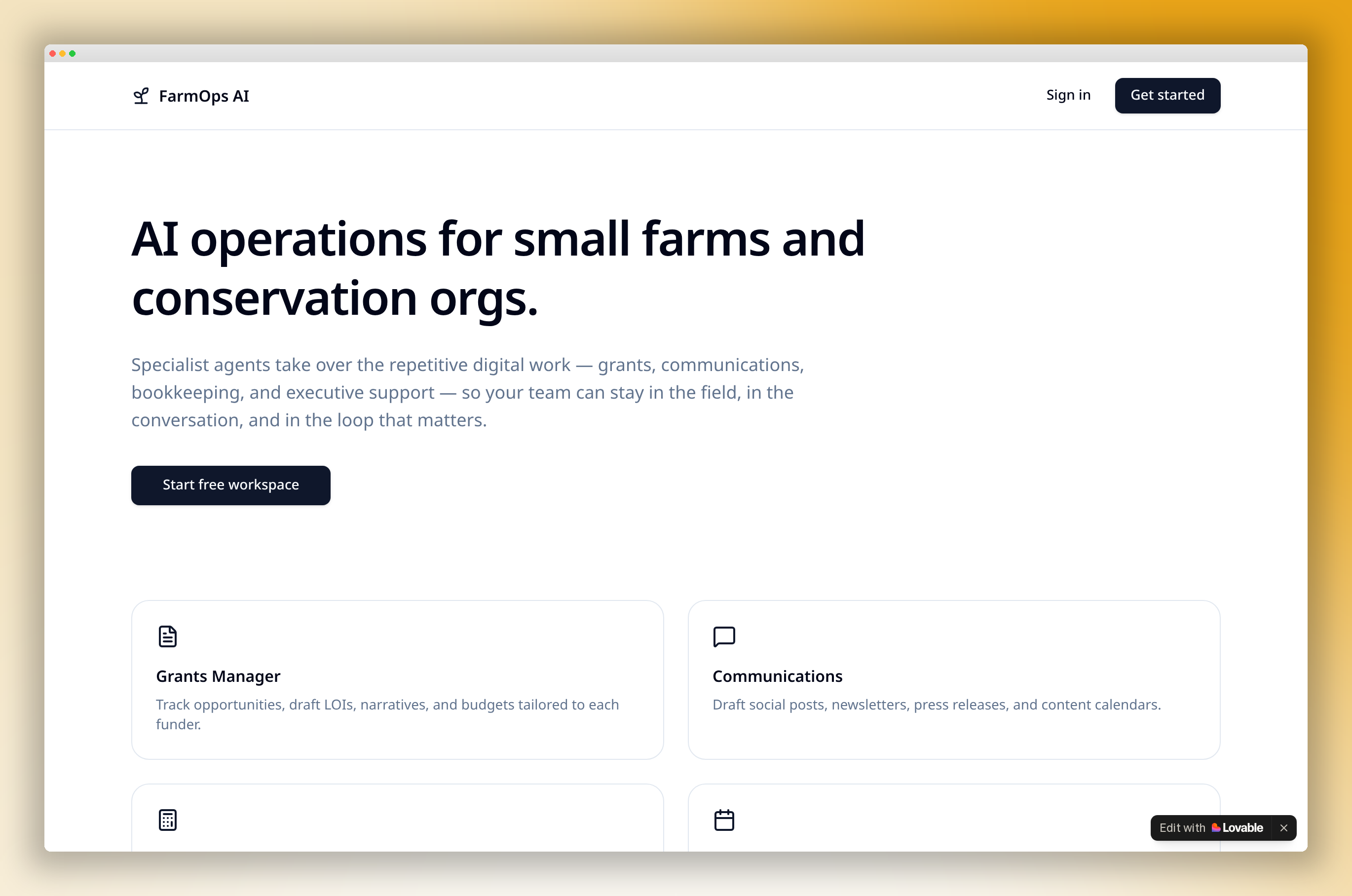 Farm Ops AI operations dashboard shown on a desktop mockup