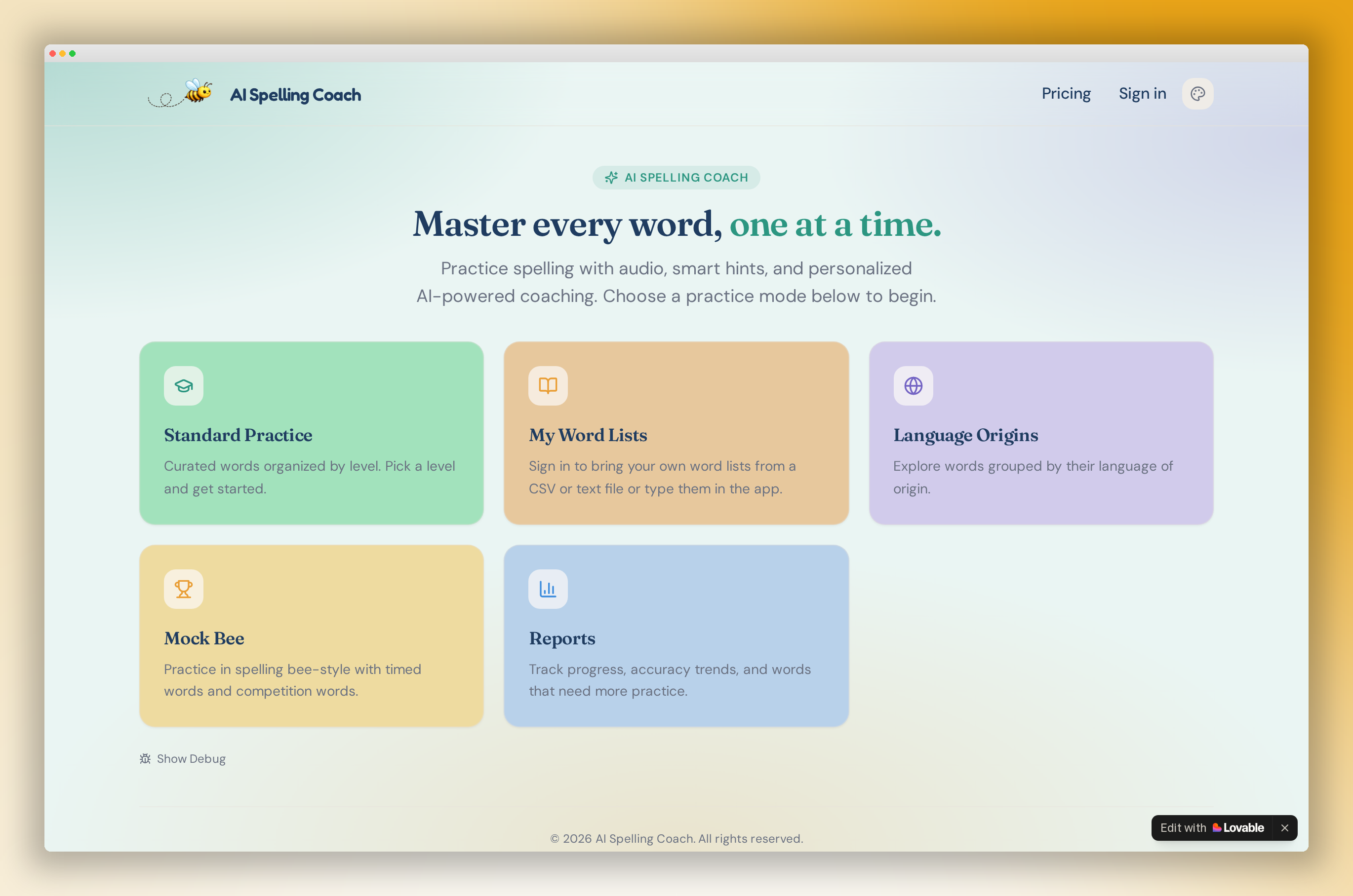 BrightBee spelling coach interface shown on a laptop mockup