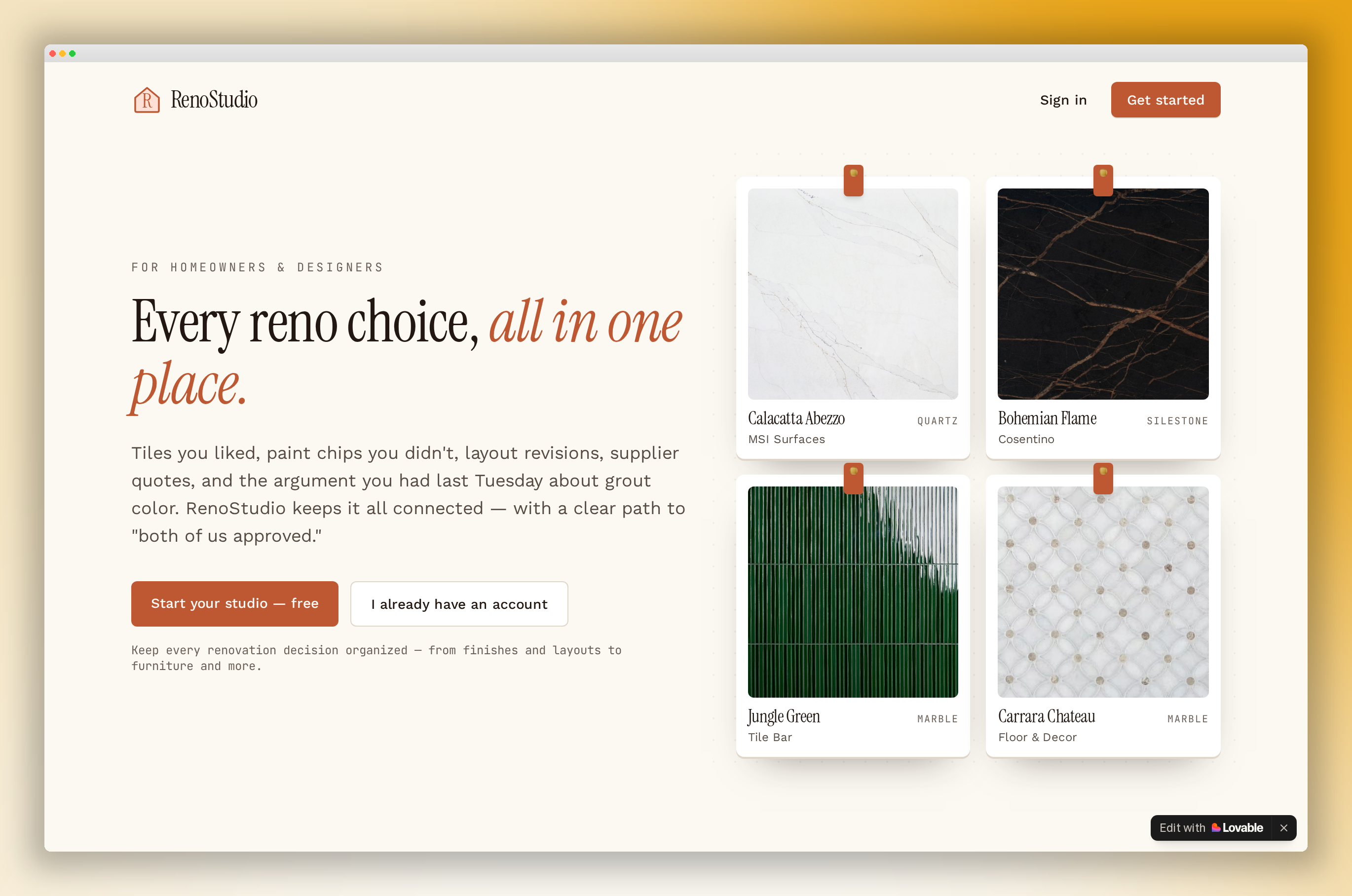 RenoStudio renovation workspace shown on a desktop mockup